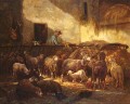 Français 1813 à 1894A Troupeau de moutons dans une grange animalier Charles Émile Jacque